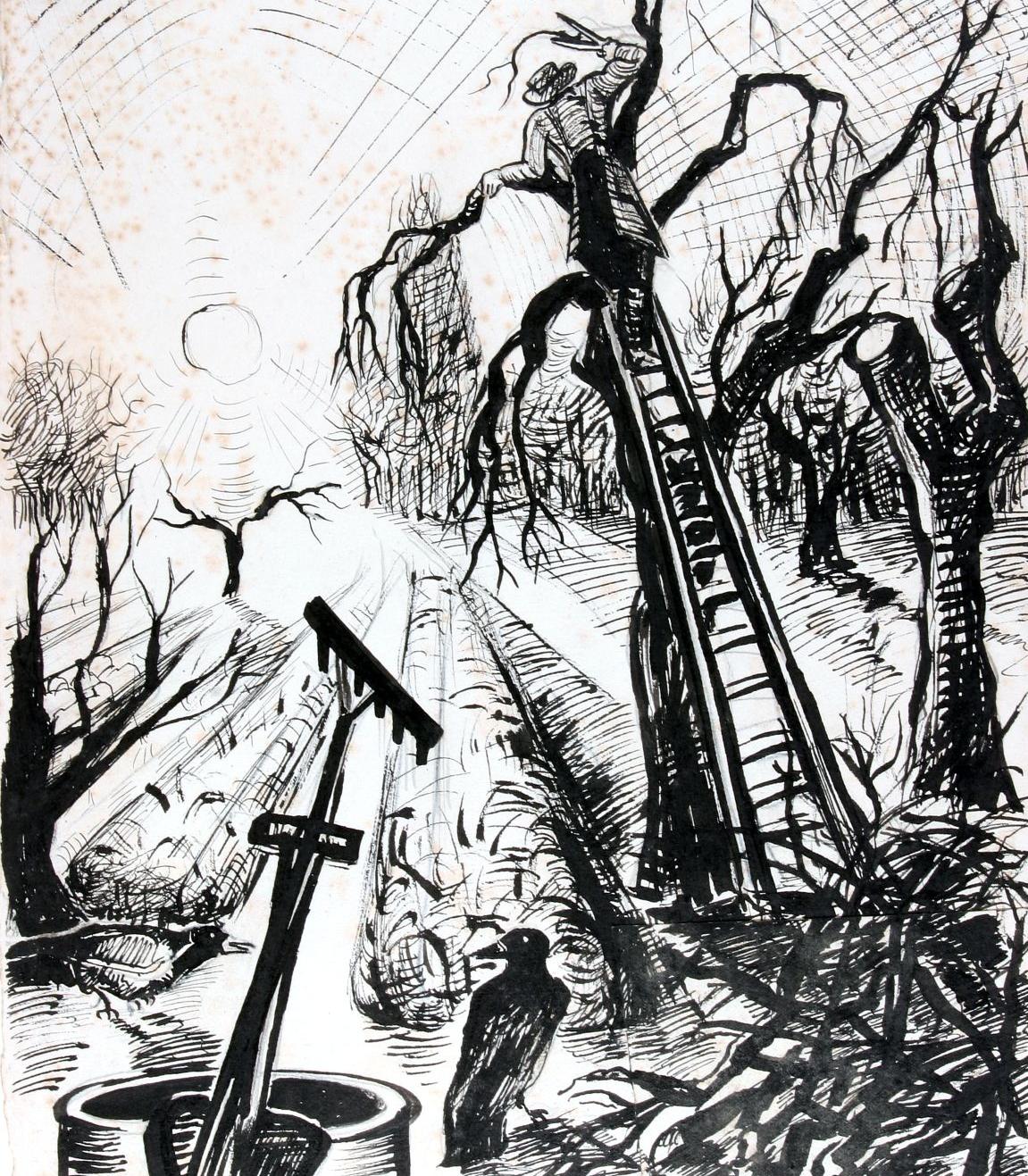 Tuschezeichnung von Rosy Lilienfeld, Ländliche Szene: Beim Baumschneiden, 1929